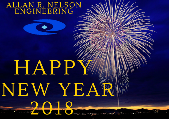 Fireworks with the text Allan R. Nelson Engineering, Happy New Year 2018